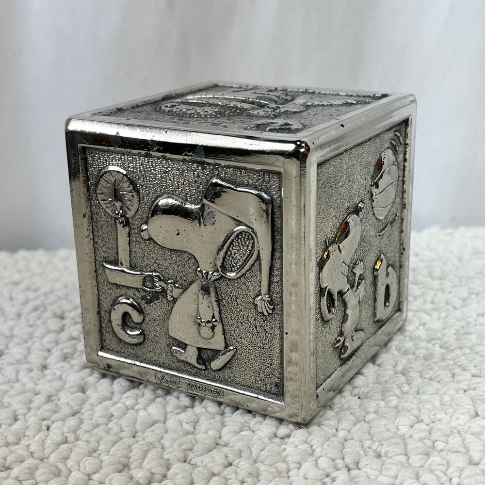 Snoopy Silverplate Alphabet Block Bank VTG Peanuts Leonard Damaged Finish 1965